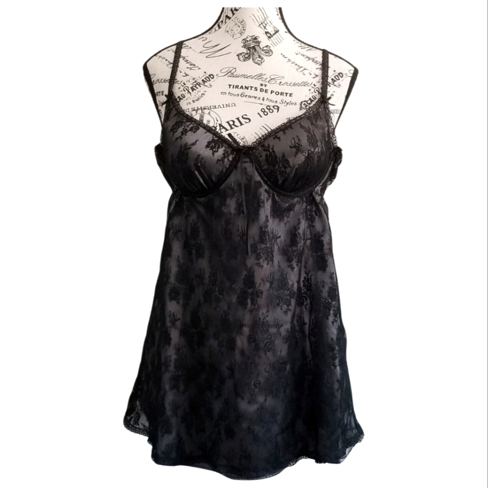 Sentiments Black & Silver Rose Lace Babydoll – Sheer Gothic Lingerie – Size L